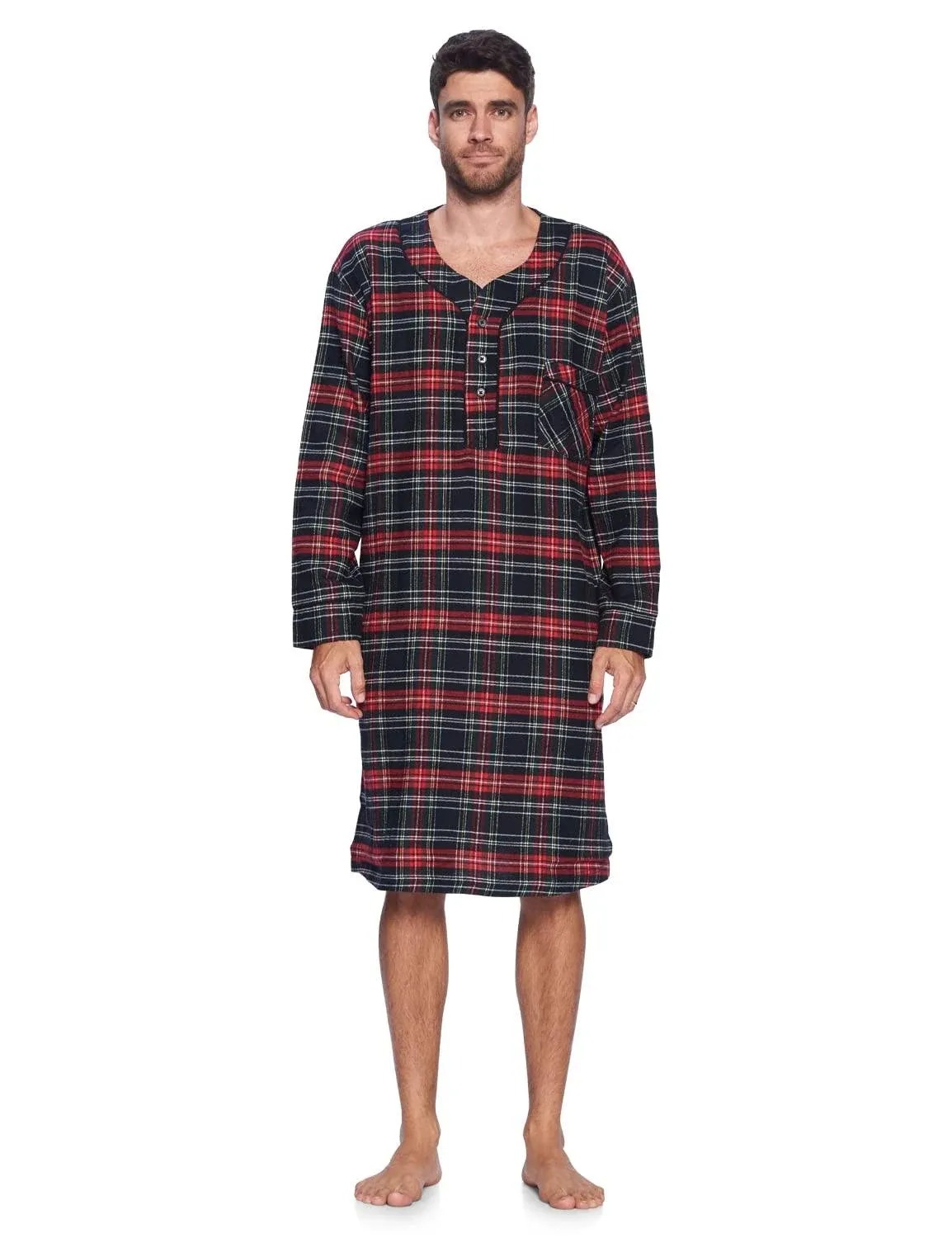 Ashford & Brooks Mens Flannel Plaid Long Sleep Shirt Henley Nightshirt (Red Check, 2X)