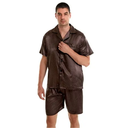 Tony & Candice Men s Classic Short Sleeve Satin Pajama Set Adult Sleepwear (XL Chestnut)