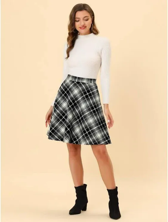 Allegra K Women's Plaids Vintage Tartan Elastic Waist Knee Length A-Line Skirt