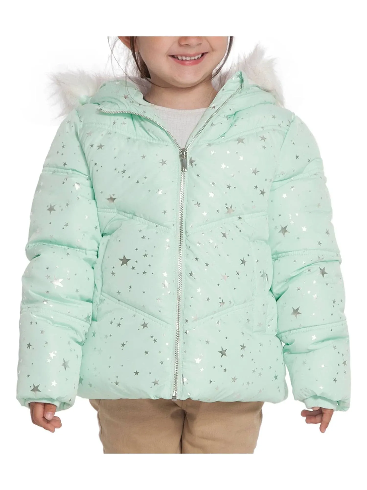 Rokka&Rolla Girls' Heavy Winter Puffer Jacket Bubble Coat-Green Silver Star, Size 8