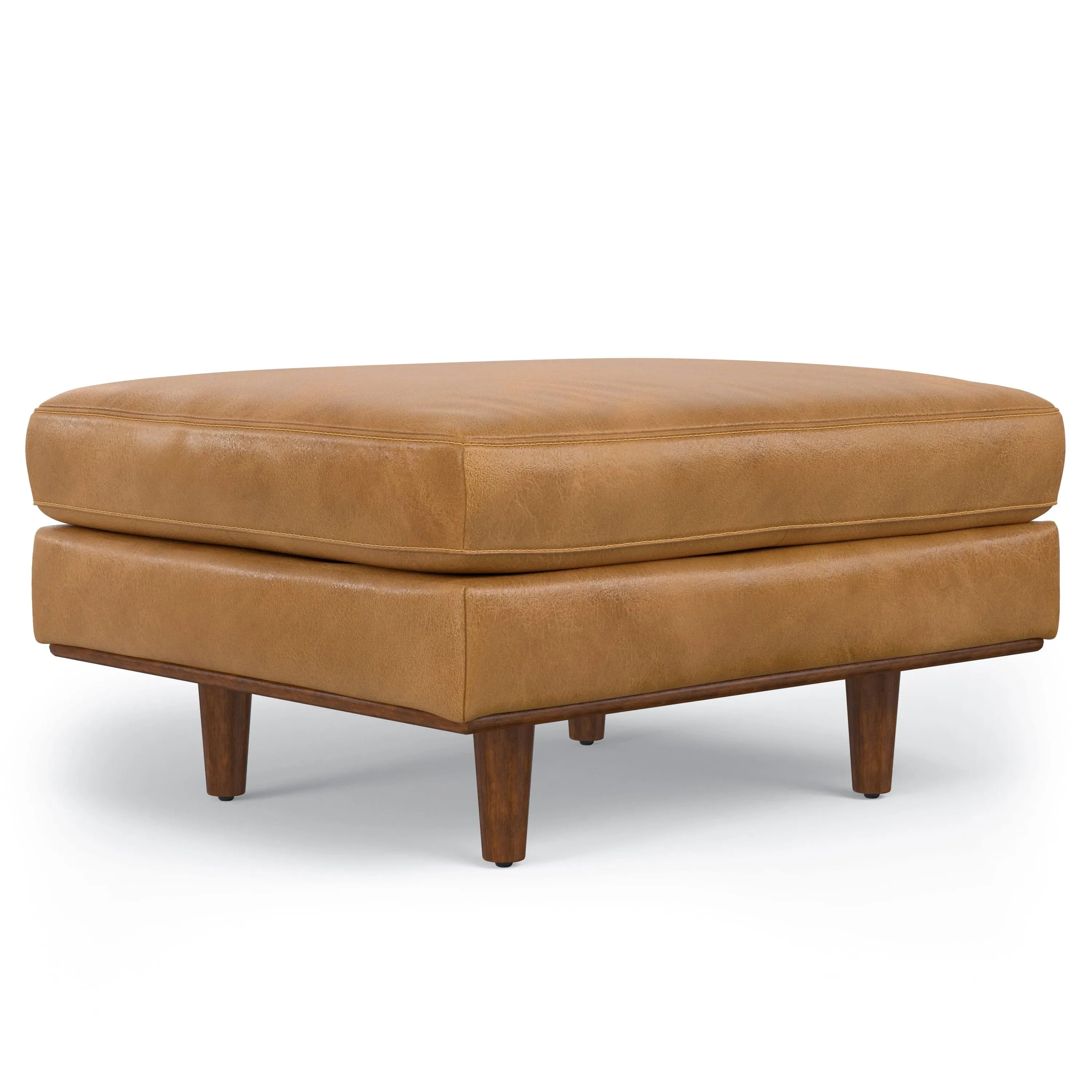 SIMPLIHOME Morrison 33 Inch Wide Mid-Century Modern Genuine Leather Ottoman in Sienna, For the Living Room, Entryway and Family Room