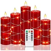 Kiexung Red Flameless Candle, Battery-Powered Candle, LED Candle with Fairy Tale Starlight String, 24-Hour Cycle Timer with 11-Button Remote Control, Christmas Candle, 5pcs (Red)