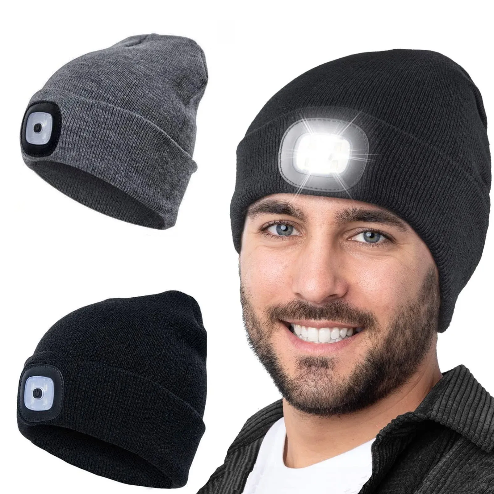 Tutuko LED Beanie with Light (2 Pack), Gifts for Men Dad Husband Him Women, USB Rechargeable Lighted Cap Headlamp Hat, Unisex Warm Winter Knitted LED Hat with Flashlight