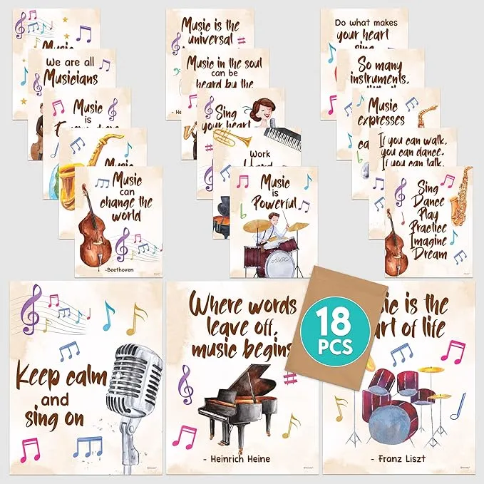 18 Music Teacher Posters for Classroom - 11x14in Elementary Music Posters for Cl