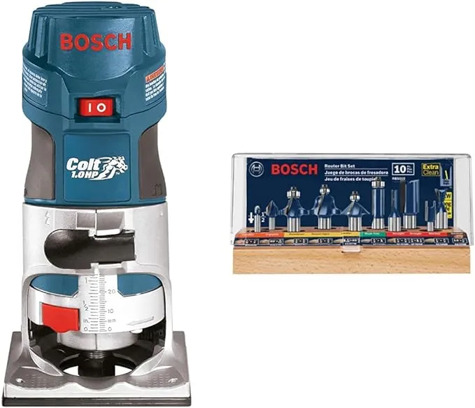 Bosch Router Tool, Colt 1-Horsepower 5.6 Amp Electronic Variable-Speed Palm Router PR20EVS with 1/2-Inch and 1/4-Inch Shank Carbide-Tipped All-Purpose Professional Router Bit Set, 10-Piece