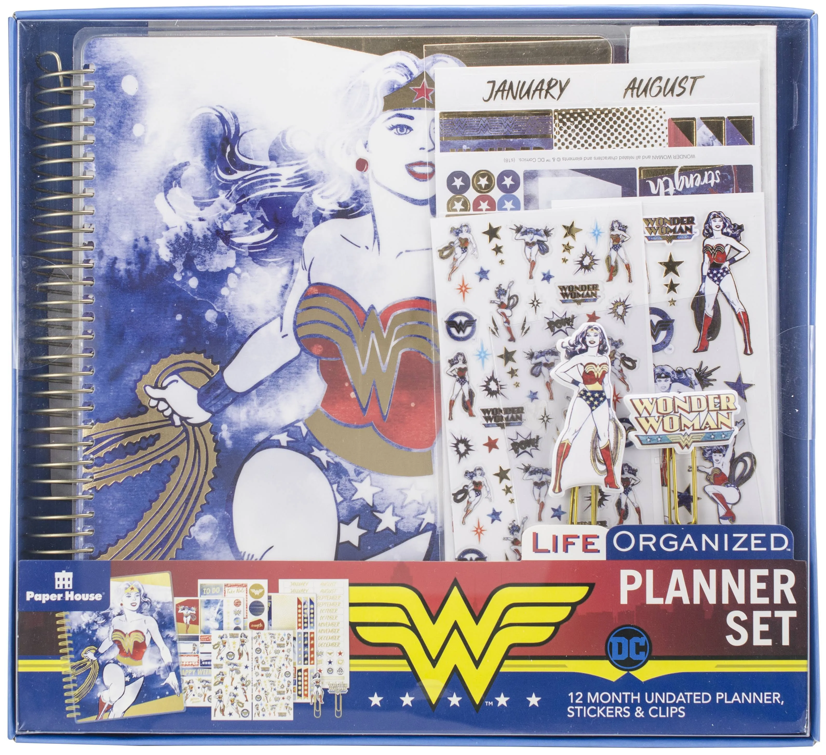 Paper House Productions DC Comics Wonder Woman 12 Monate undatiertes Planer-Set mit Monats- und Veranstaltungsflaggen-Aufklebern und mehr