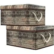 Sorbus Storage Box Set with Lid, Carry Handles, Foldable Frame, Rustic Wood Grai