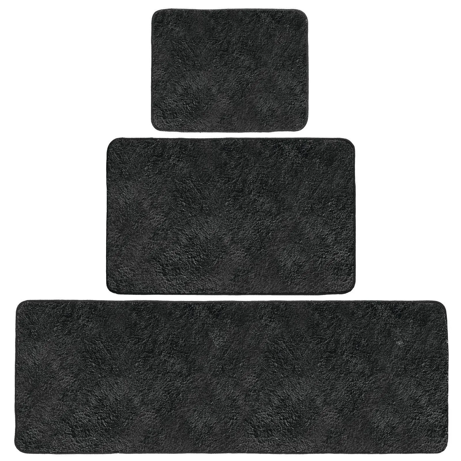 mDesign Non-Slip Microfiber Polyester Rectangular Spa Mat/Bath Rugs, Plush Heathered Water Absorbent Accent Rug for Bathroom Vanity, Bathtub/Shower, Machine Washable, Set of 3 - Black