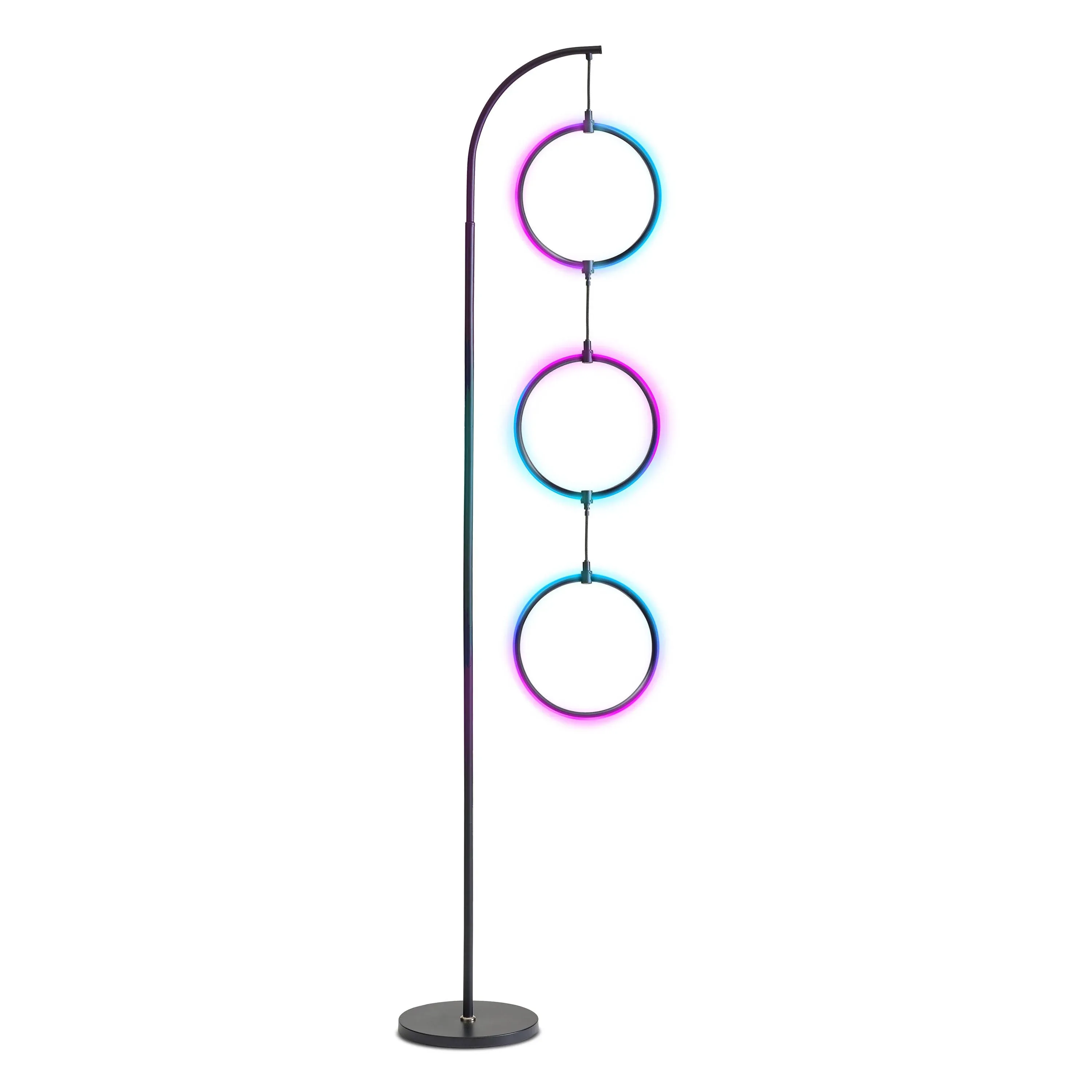 Brightech Nova Modern Color Changing Floor Lamp - LED Lamp with Stunning RGB Color Gradient and Contemporary 3-Circle Ring-Style Pendant - Corner or Over-The-Couch Arching Pole Standing Lamp - Black