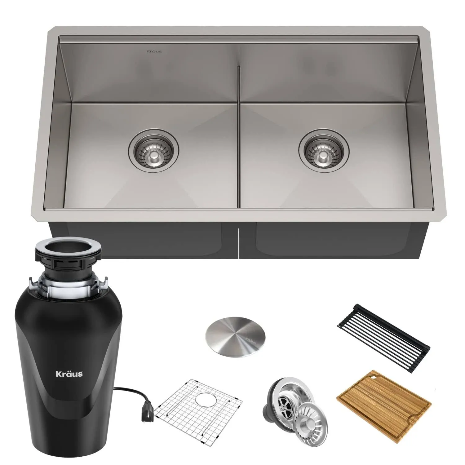 KRAUS Kore™ Workstation 33-inch Undermount 16 Gauge Double Bowl Stainless Steel Kitchen Sink with Accessories (Pack of 8) with WasteGuard™ Continuous Feed Garbage Disposal, KWU112-33-100-75MB