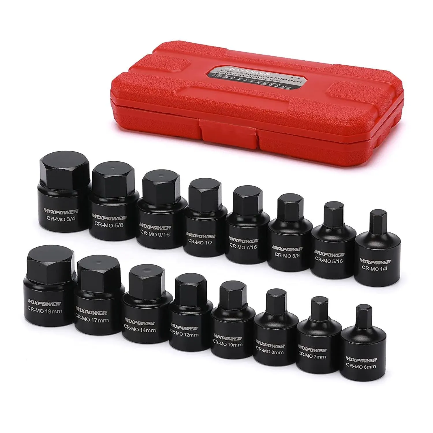 16 Piece 3/8 Inch Drive Low Profile Impact Hex Driver Set Crmo 1/4&#034;3/4&#034; 6mm19mm 