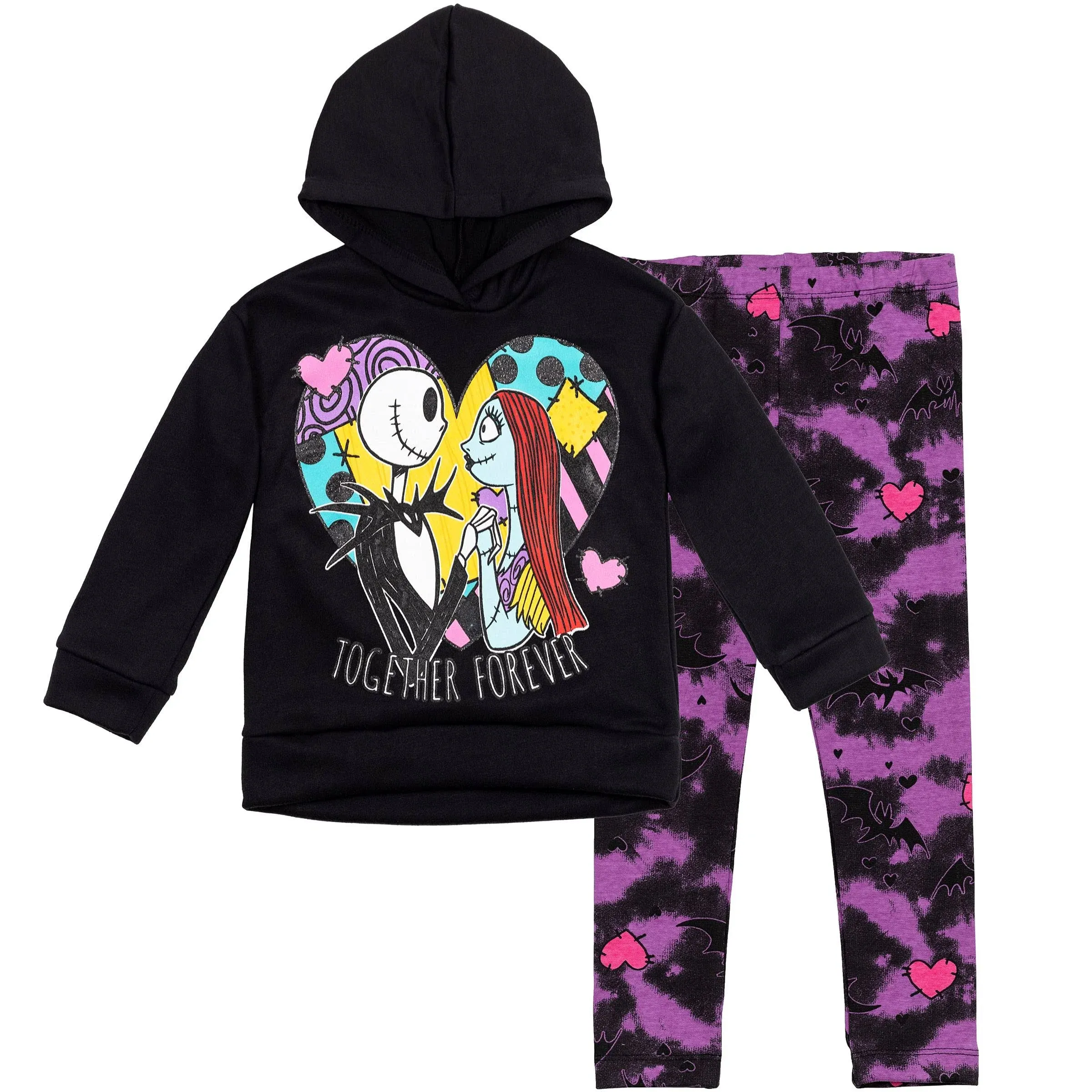 Disney Girls Nightmare Before Christmas Jack Skellington Sally Pullover Fleece Hoodie and Leggings Outfit Set