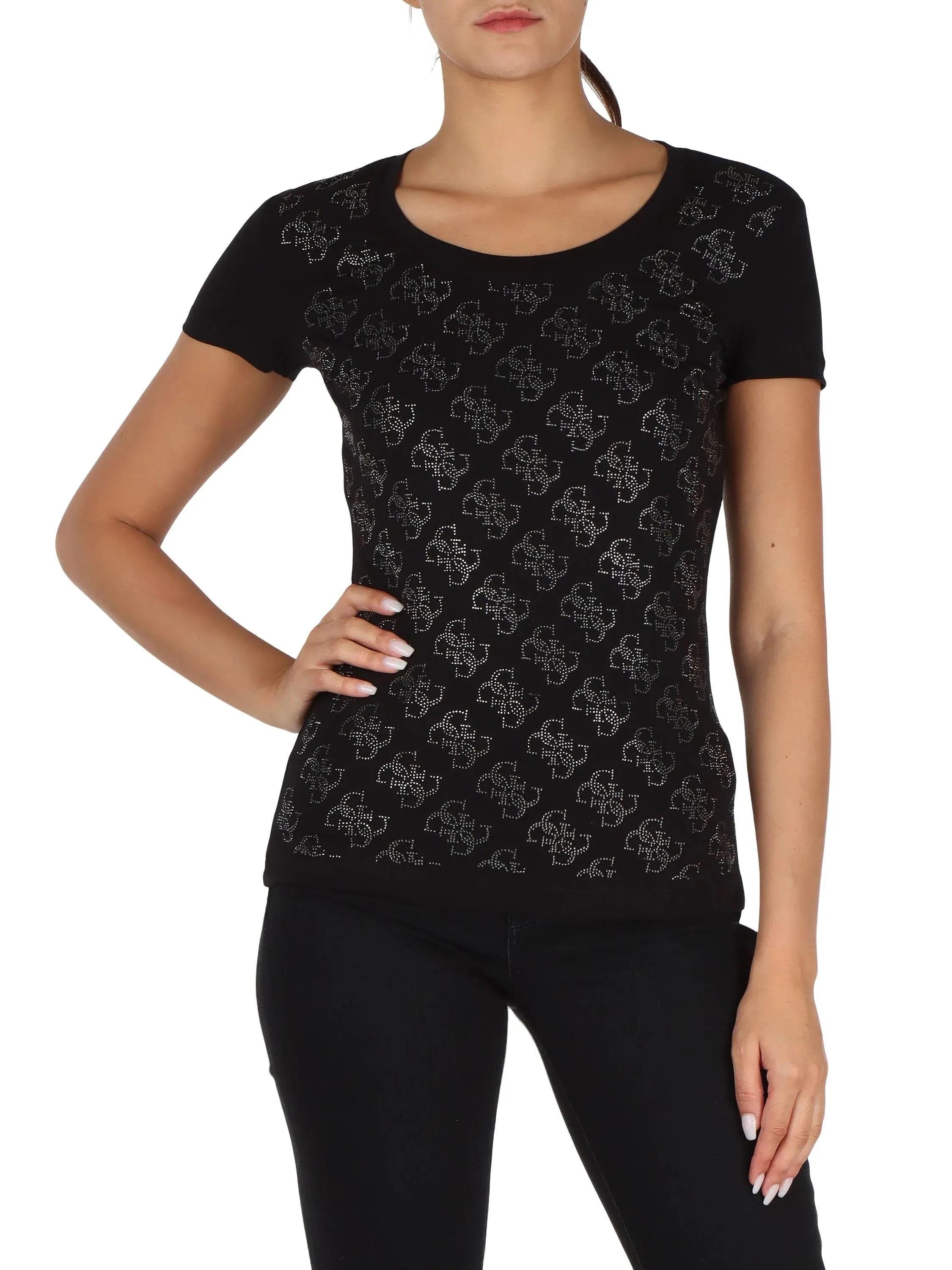 Guess Women's Rhinestone 4G logo-print T-Shirt, Jet Black A, M