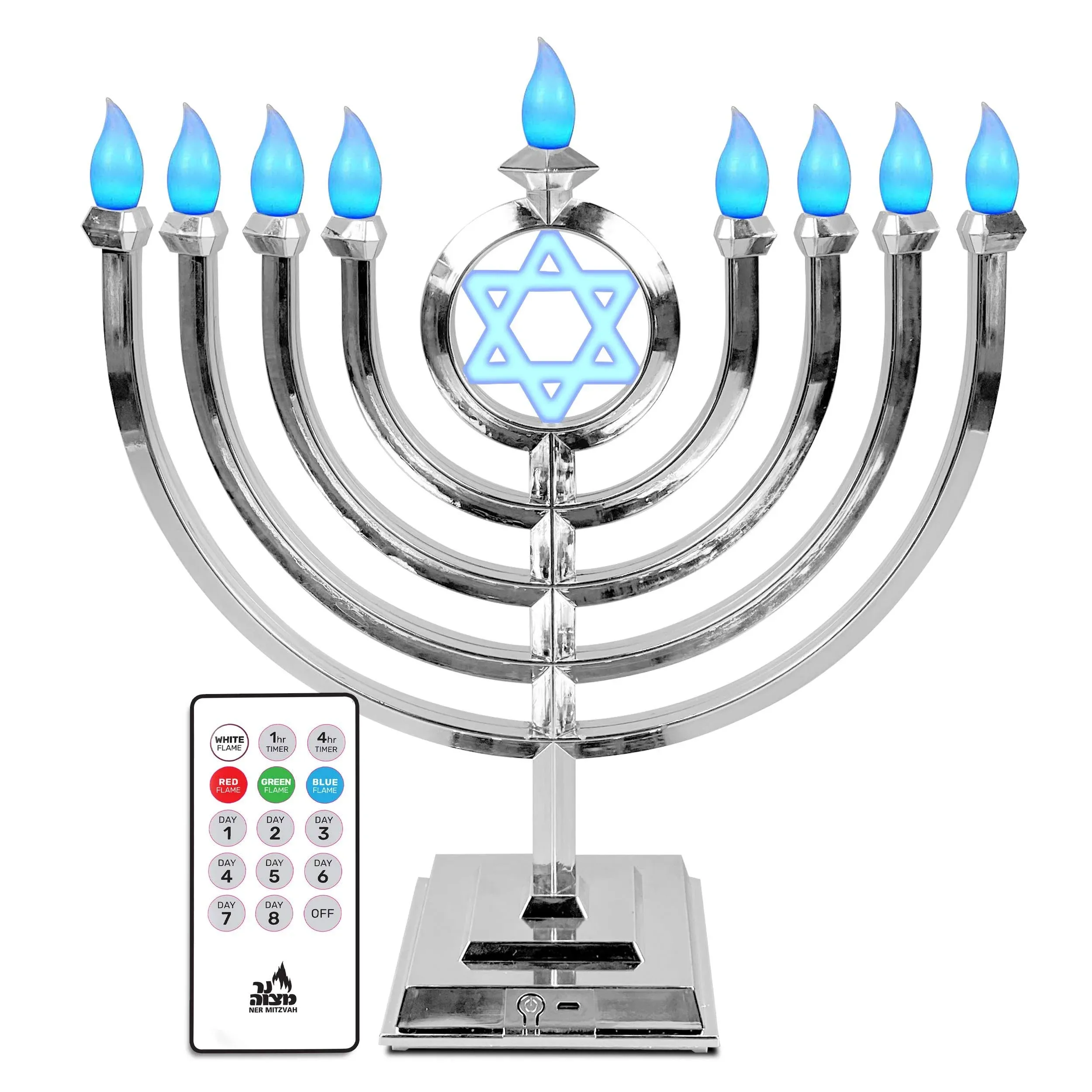 LED Electric Hanukkah Menorah - Color Changing LED Traditional Classic Chanukah Menorah with Remote- Battery or USB Powered - Included - Silver