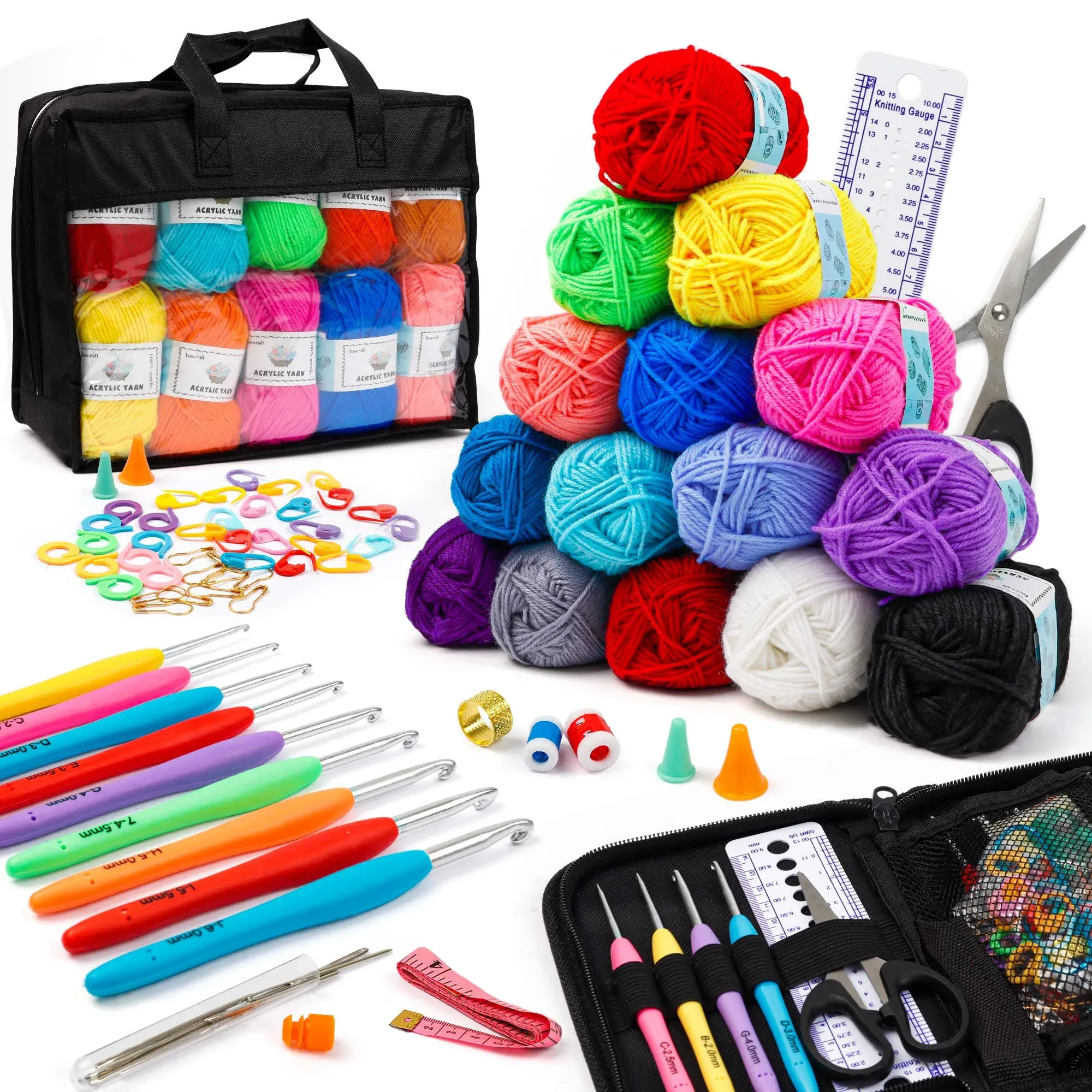 20 Large Acrylic Yarn Skeins-105 PCS Crochet Kit with Hooks Yarn Set, Premium Bundle Includes 2000 Yards Yarn Balls, Needles, Accessories, Ideal Starter Pack for Kids Adults Beginner Professionals