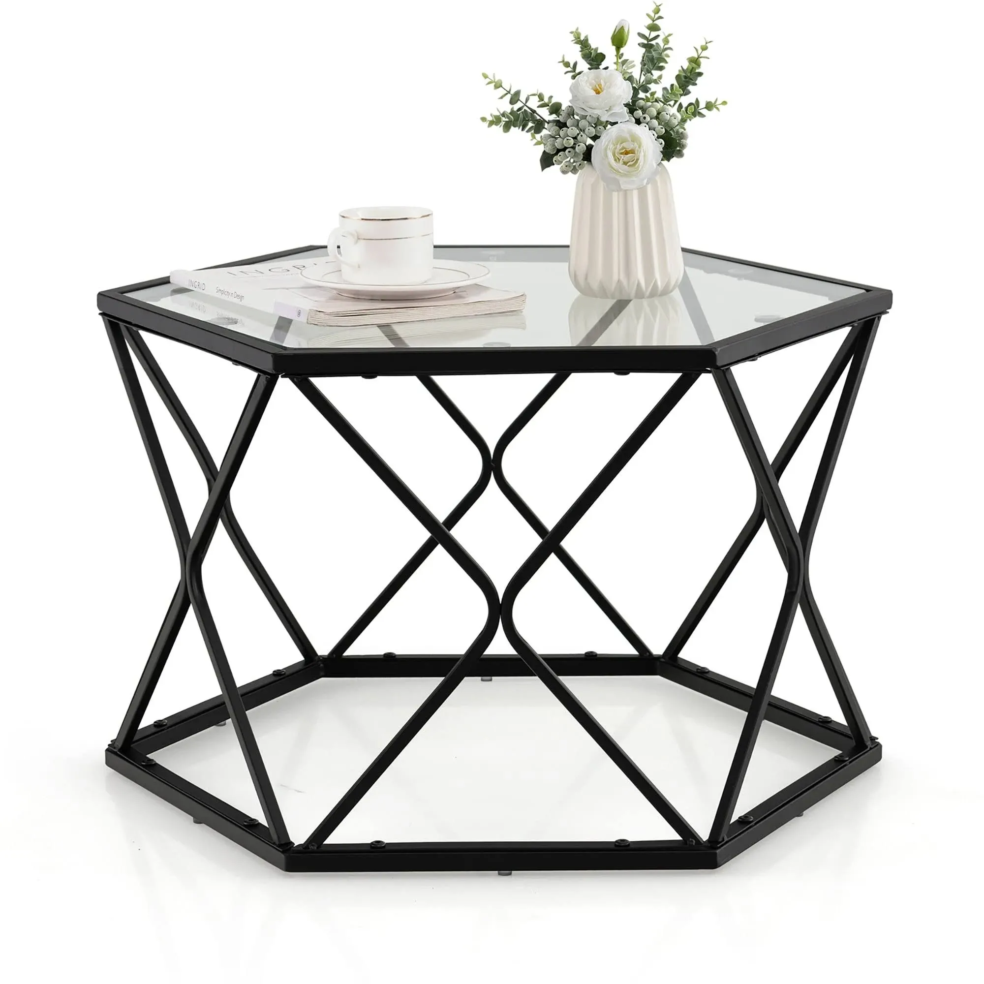 COSTWAY Geometric Glass Coffee Table, Hexagonal Sofa Central Table w/Tempered Glass Top & Metal Frame, Modern Accent End Table for Living Room, Reception Room, Office