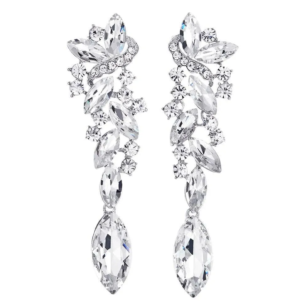 Art Deco Wedding Bridal Party Rhinestone Marquise Cluster Chandelier Long Dangle Statement Earrings