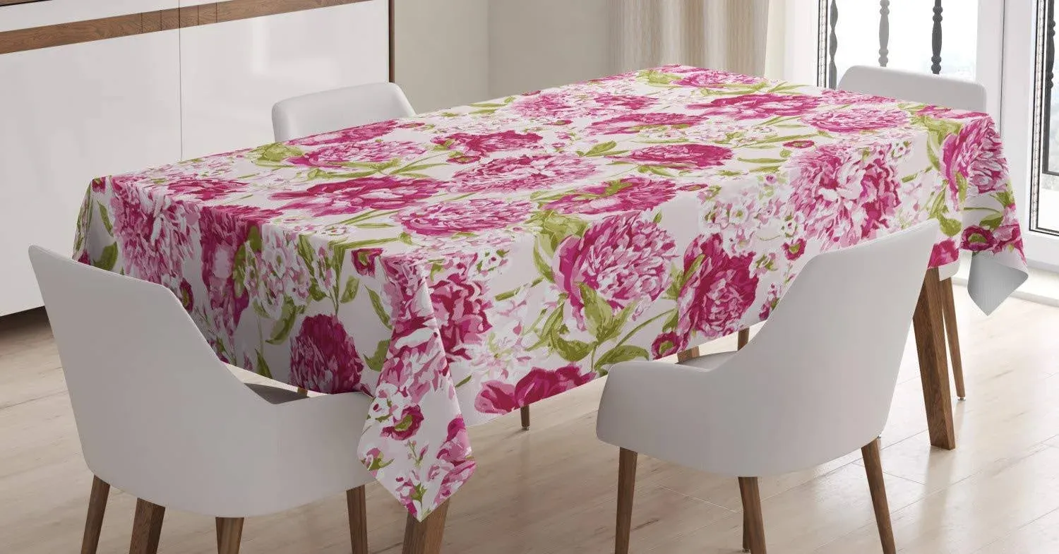 Ambesonne Flowers Tablecloth, Floral Theme Vintage Pink Peonies and Leaves Spring ...