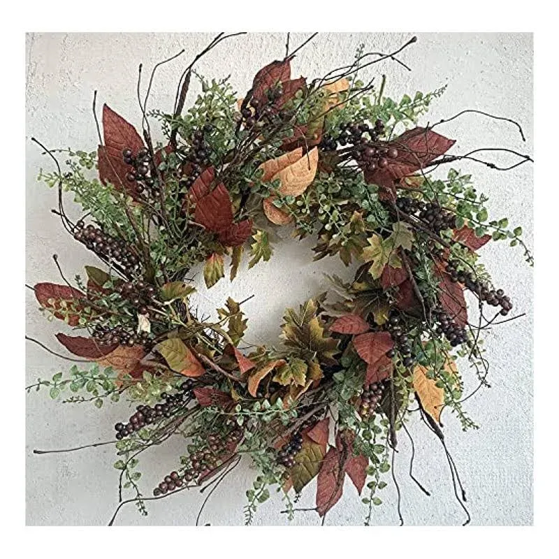 24 inch Fall Front Door Wreath Burgundy Berry Wreath with Mixed Magnolia Maple ...