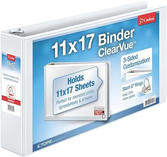 Cardinal 11 x 17 ClearVue Slant-D Ring Binder, 3" Cap, White