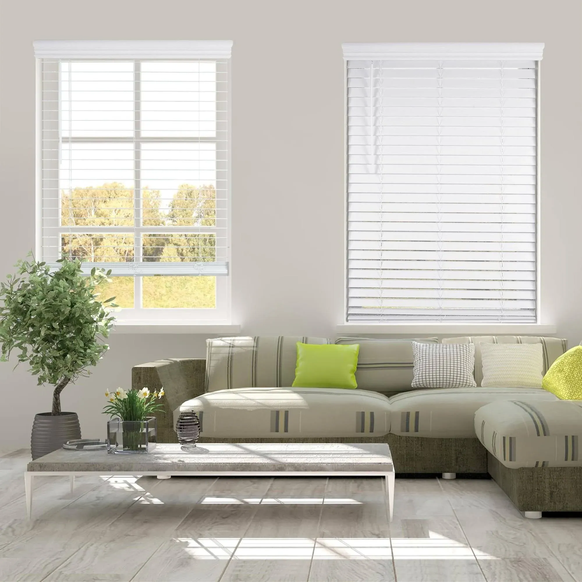 White Cordless Faux Wood Blinds with 2 in. Slats 26.5 in. W x 48 in. L