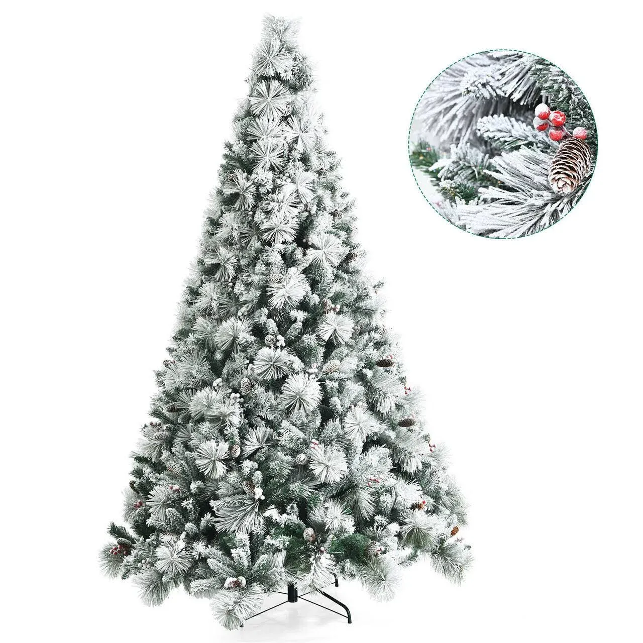 8Ft Snow Flocked Christmas Tree With Glitter Tips, Pine Cone & Red Berries