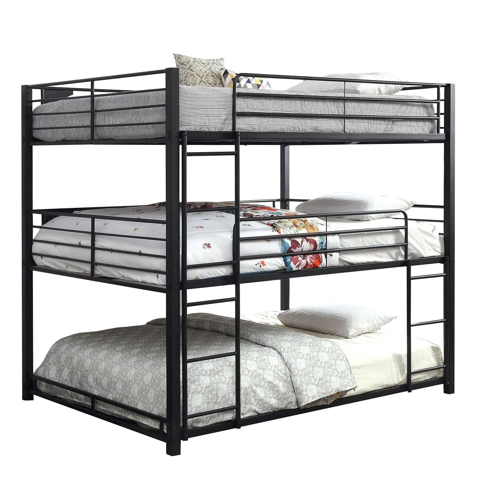 Benjara Industrial Style Queen Triple Decker Bunk Bed with Ladder