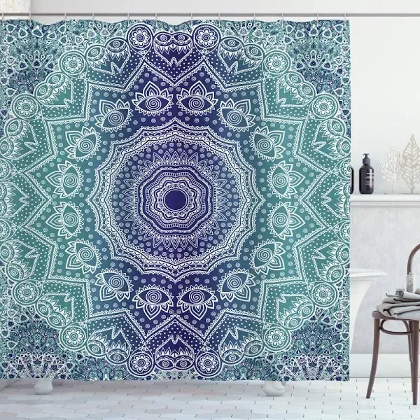 Navy and Teal Shower Curtain Ombre Tribe Print for Bathroom