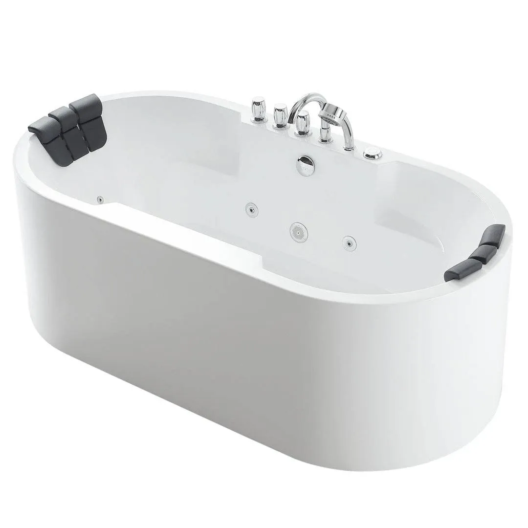 67 in. Center Drain Acrylic Freestanding Flatbottom Whirlpool Bathtub in White with Faucet - Water Jets