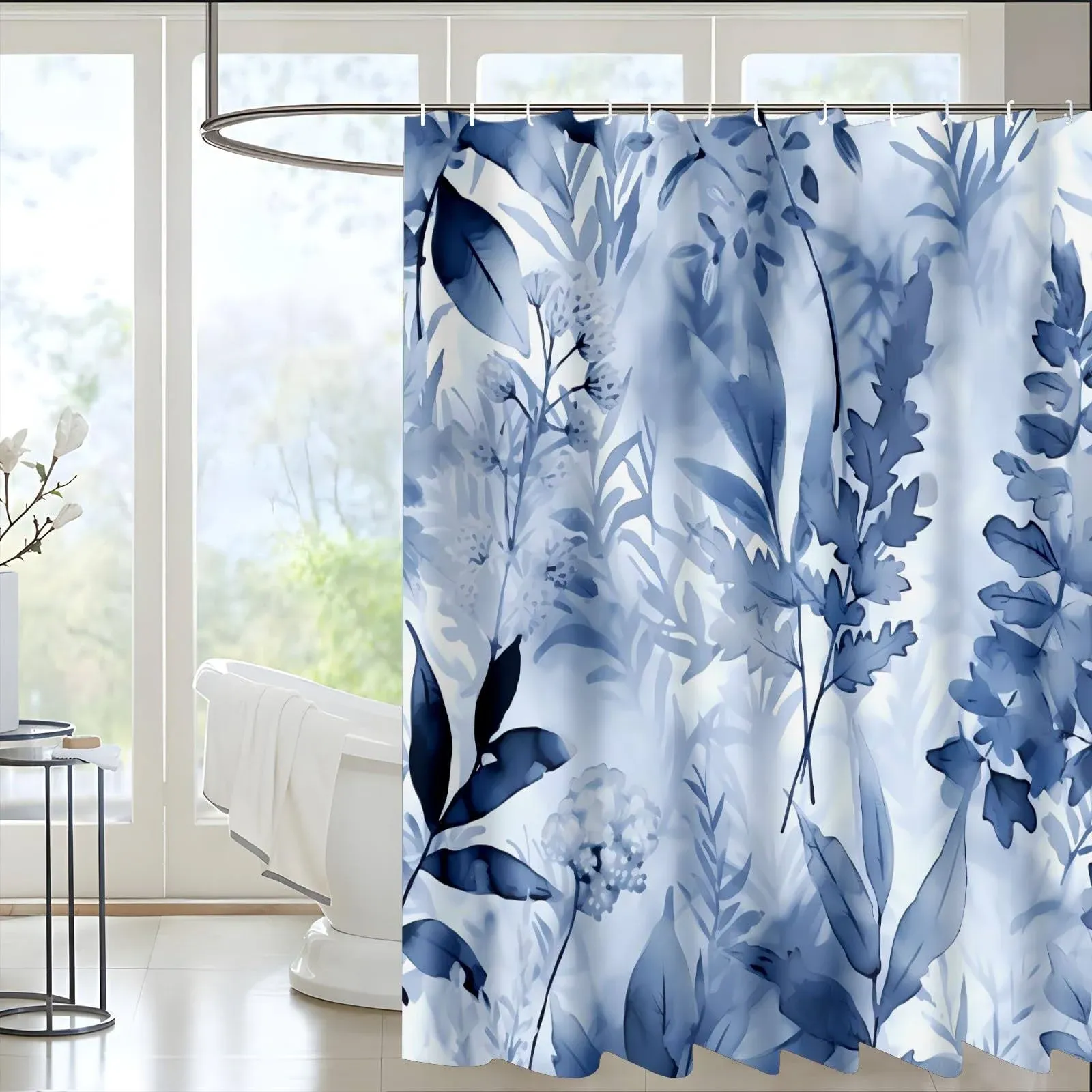 Giyimgaf Blue Floral Waterproof Polyester Shower Curtain with 12 Hooks Aesthetic Art Printed Shower Curtains for Bathroom Modern Pretty Fabric Shower Curtains 72 x 72 in