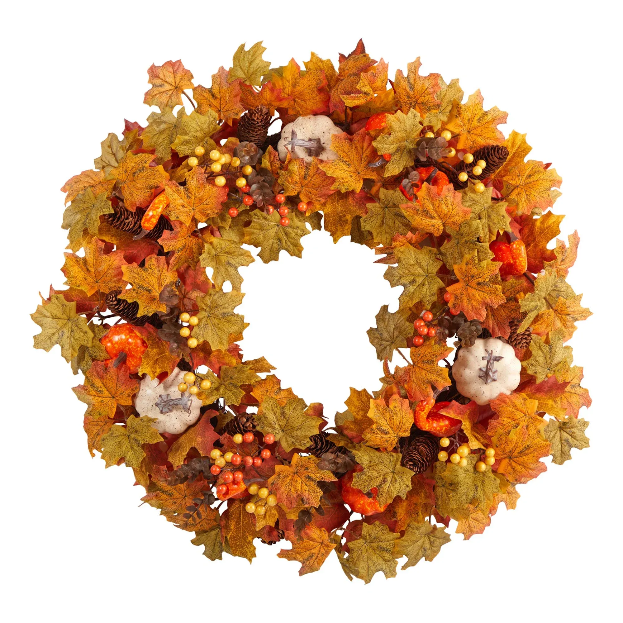 Nearly Natural 30in. Autumn Pumpkin and Maple Leaf Artificial Fall Wreath