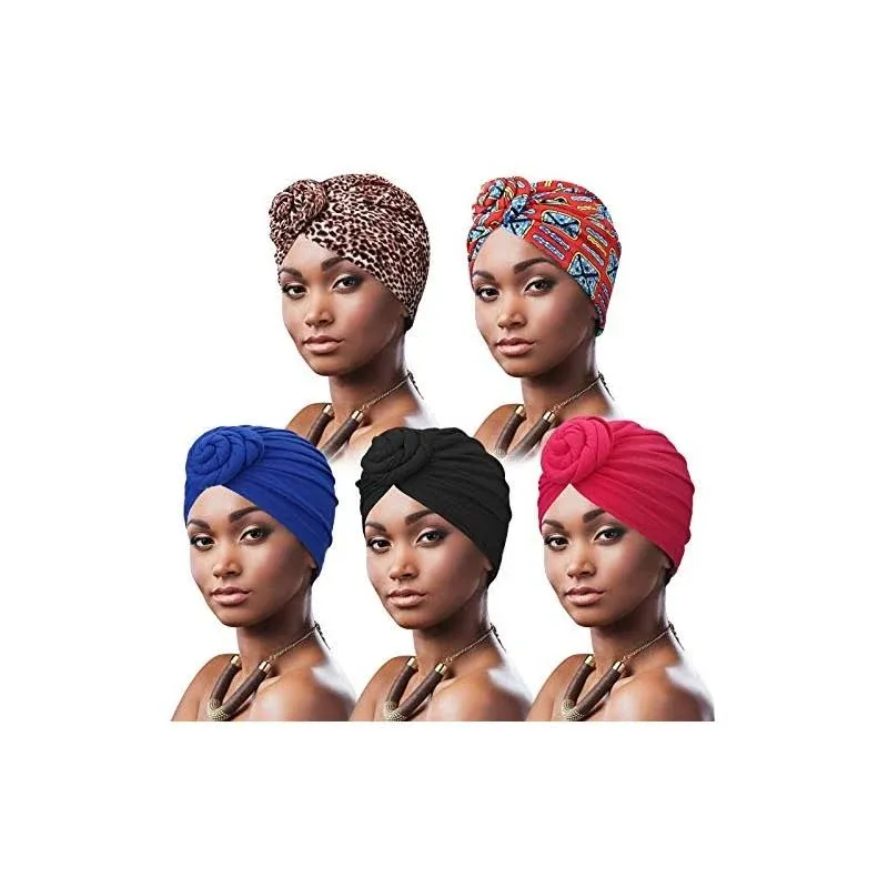 DRESHOW 5 Pack Knotted Headwraps for Women African Turban Pre-Knotted Beanie ...