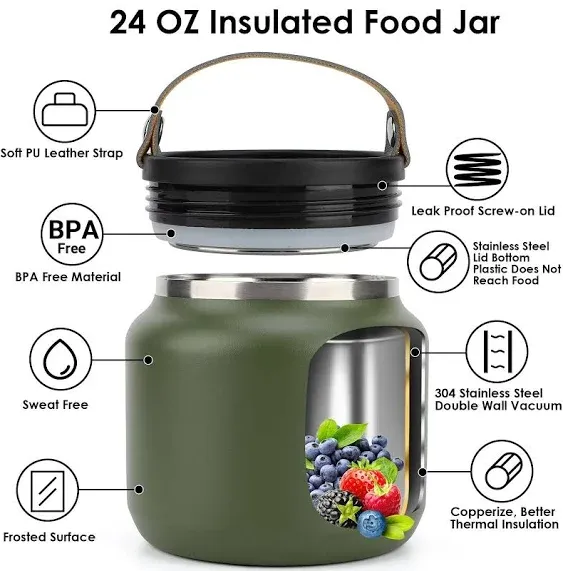 Insulated Food Jar,24 OZ Leakproof Insulated Food Soup Container,Stainless Steel Vacuum Thermal Insulated Hot Lunch Containers for Adults Wide Mouth Food Jar for Hot Cold Food(Green)