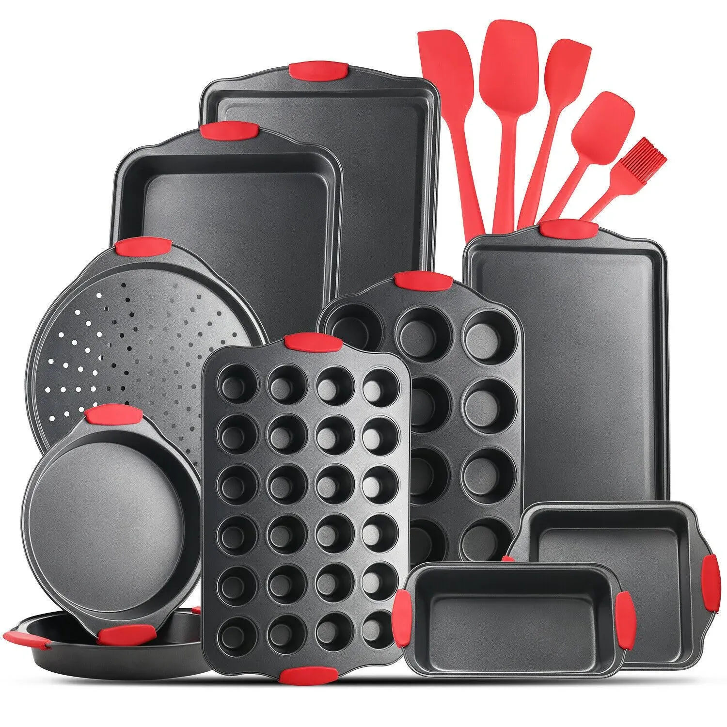 15-Piece Nonstick Black Steel Bakeware Set with Silicone Handles