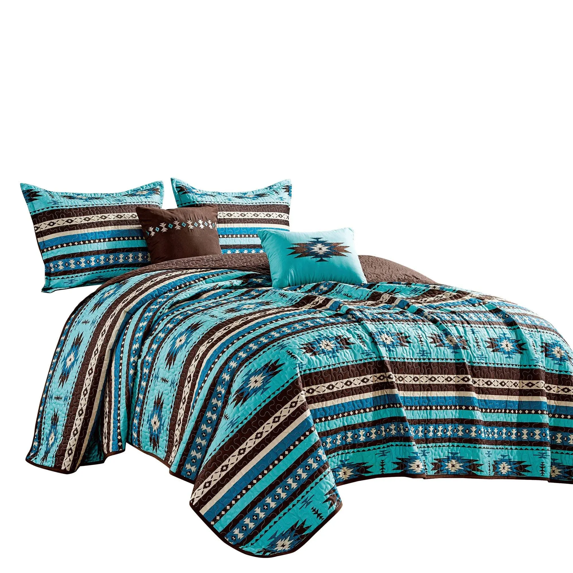 Linen Mart Southwestern Turquoise Tan Aztec Coverlet - 5 Piece Set (King)