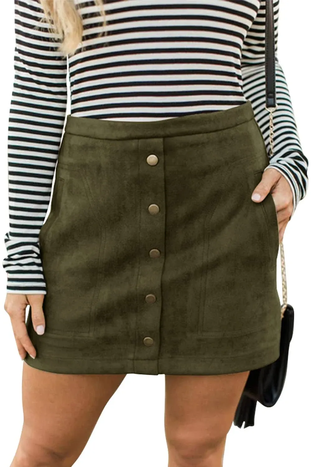 Meyeeka Women's Button Front Faux Suede High Waist A-Line Mini Skirt with Pocket ...