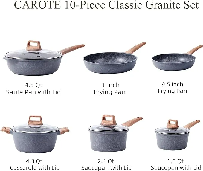 Carote Nonstick Pots and Pans Set, 9 Pcs Granite Stone Kitchen Cookware Sets (Black)