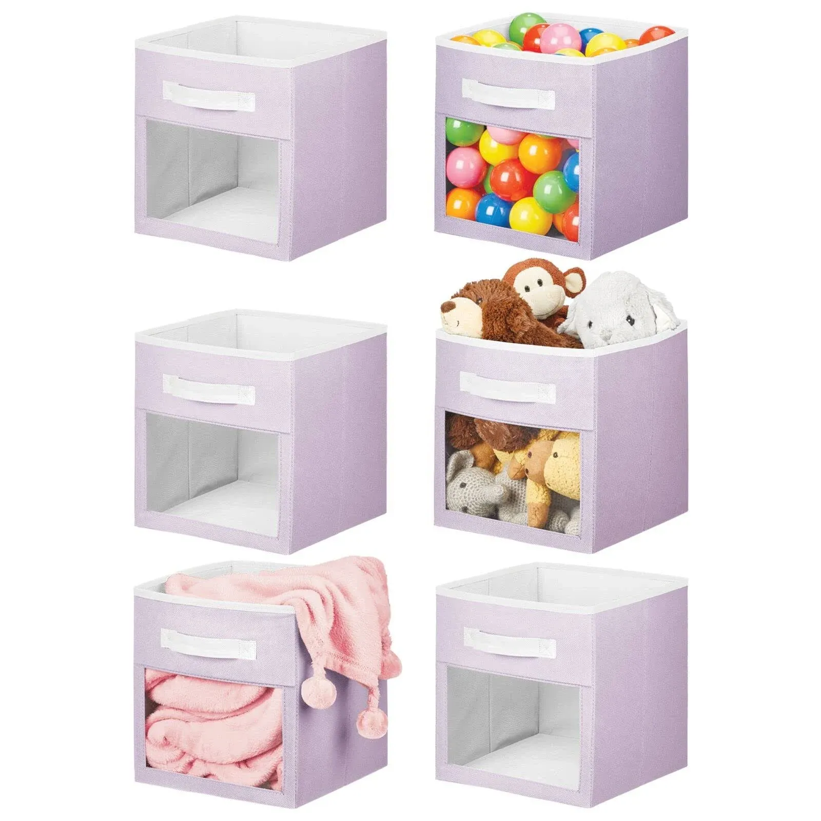 mDesign Fabric Nursery/Playroom Closet Storage Organizer Bin Box with Front Handle/Window for Cube Furniture Shelving Units, Hold Toys, Clothes, Diapers, Bibs, Jane Collection, 6 Pack, Lt Purple/White