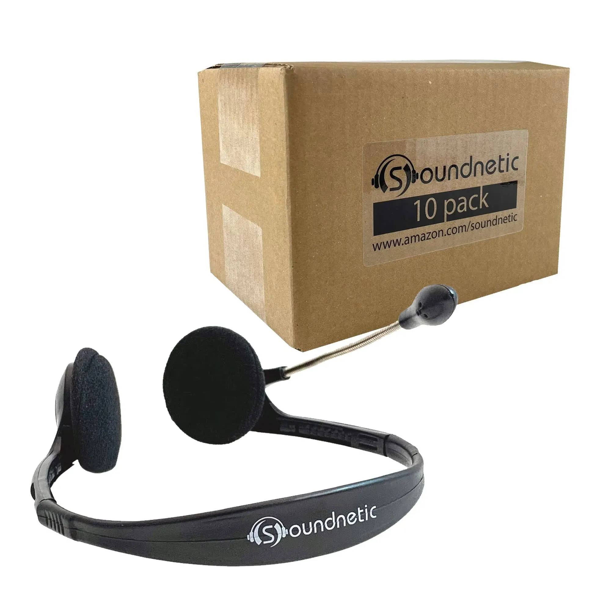 Soundnetic Disposable Stereo Classroom Headset with 3.5mm Plug and Boom Microphone 10 Pack, Black