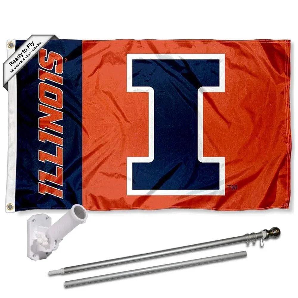 Illinois Fighting Illini Panel Flag Pole and Bracket Gift Set Package