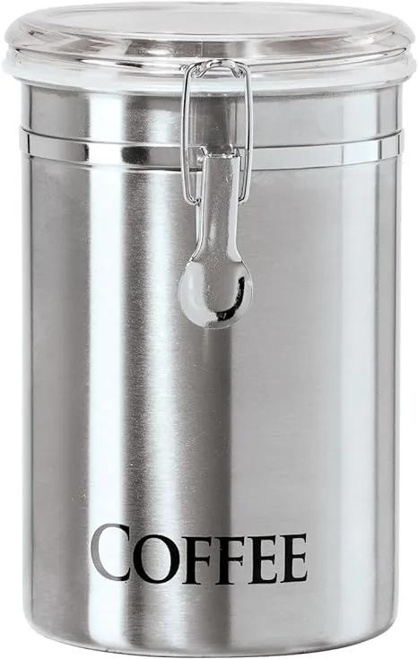 Oggi Stainless Steel Coffee Canister 62 fl oz - Airtight Clamp Lid, Clear See-Thru Top - Ideal for Coffee Bean Storage, Ground Coffee Storage, Kitchen Storage, Pantry Storage. Large Size 5" x 7.5".