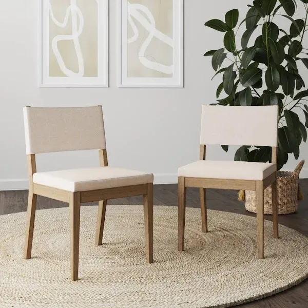 Linus Modern Upholstered Dining Chair, Solid Rubberwood Legs - Set of 2 - Off-White/Brown