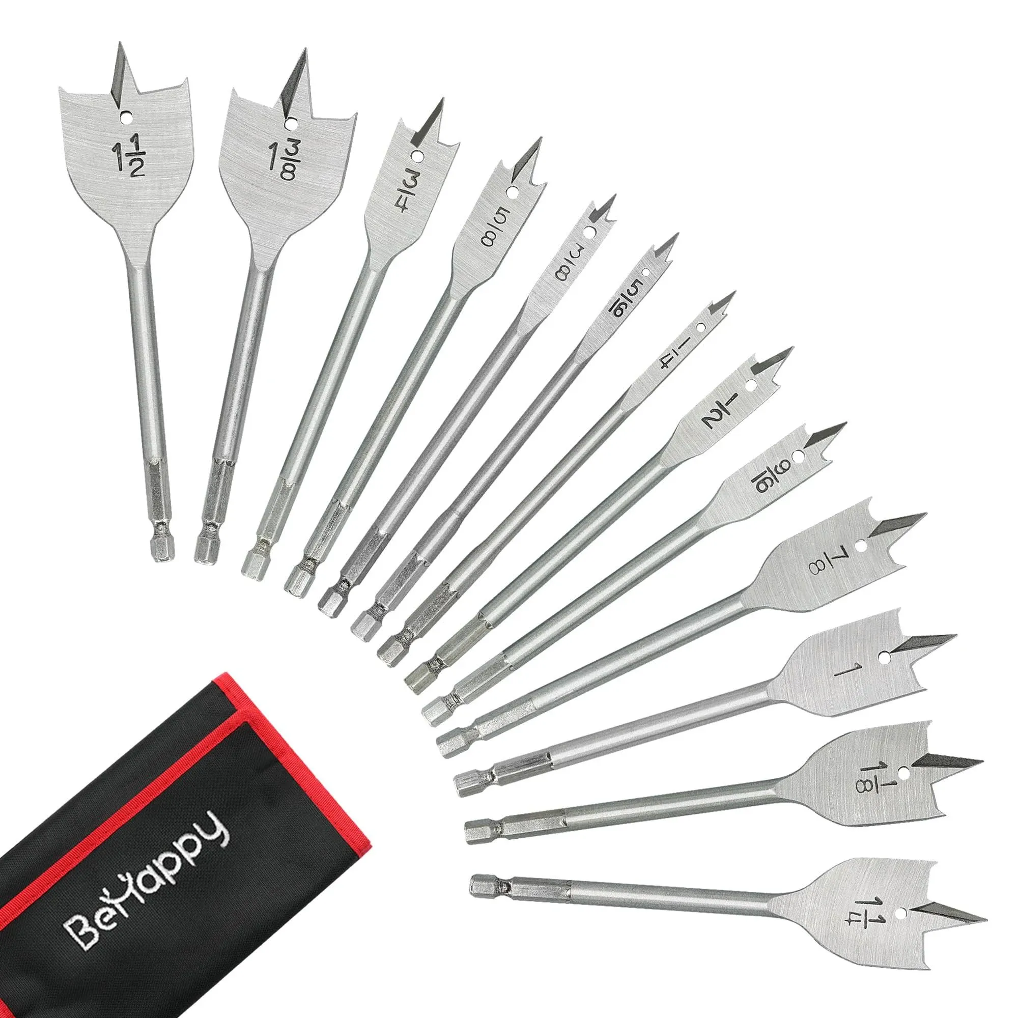 BEHAPPY 13 Piece Spade Drill Bit Set, Wood Drill Bit Set, Paddle Flat Bit Sets for Woodworking, Carbon Steel Paddle Flat Bit with Quick Change Shank, Nylon Storage Pouch Included, 1/4" to 1-1/2"