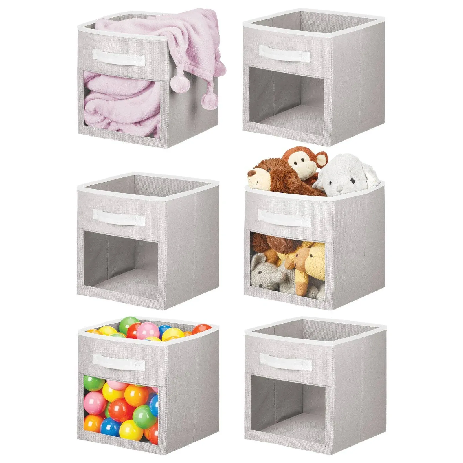 mDesign Fabric Nursery/Playroom Closet Storage Organizer Bin Box with Front Handle/Window for Cube Furniture Shelving Units, Hold Toys, Clothes, Diapers, Bibs, Jane Collection, 4 Pack - Gray/White