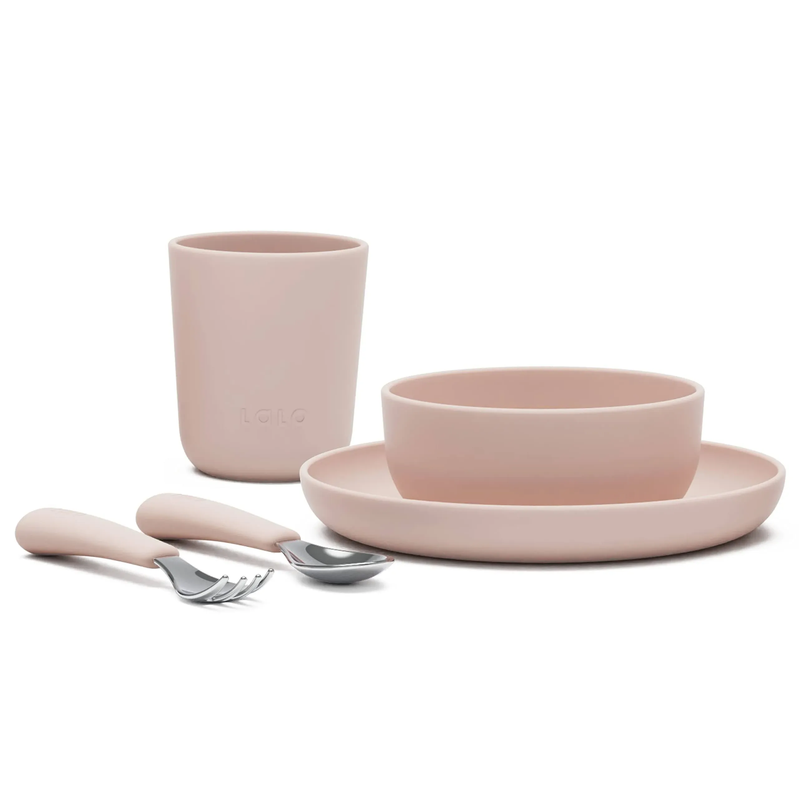 Lalo Big Bites Kids Dinnerware Starter Set - Dishwasher Safe, BPA Free, Kids Tableware Set - Includes Stackable Bowl, Plate, Utensils & Cup - 5 Pieces - Oatmeal