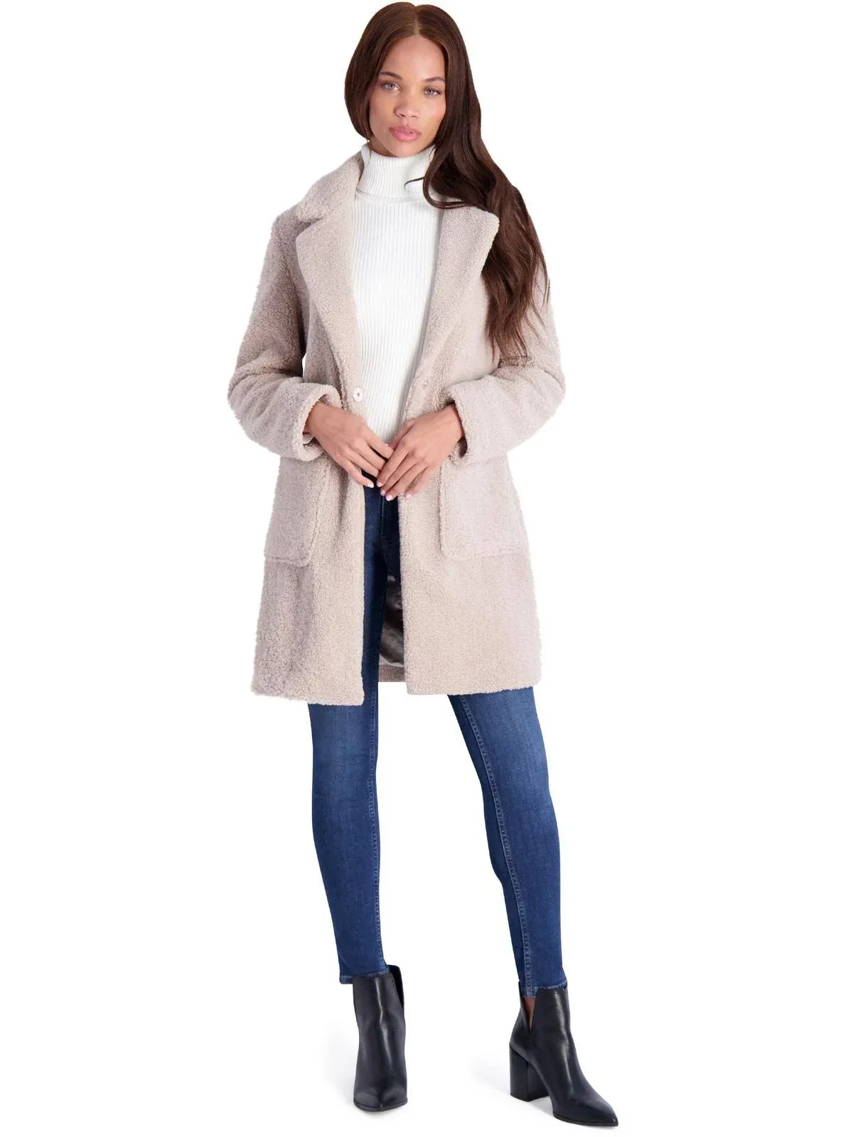 French Connection Womens Teddy Faux Shearling Faux Fur Coat