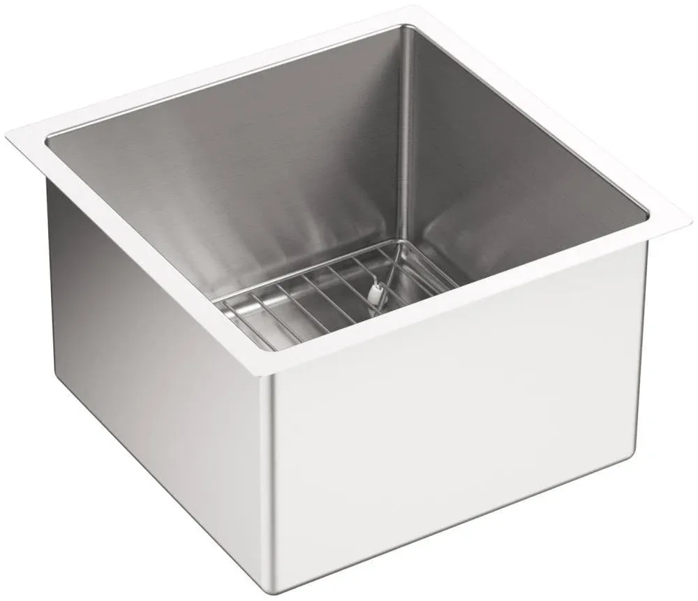 KOHLER K-5287-NA STRIVE 15 INCH SINGLE BASIN UNDERMOUNT 16-GAUGE STAINLESS STEEL KITCHEN SINK WITH SILENTSHIELD WITH BASIN RACK