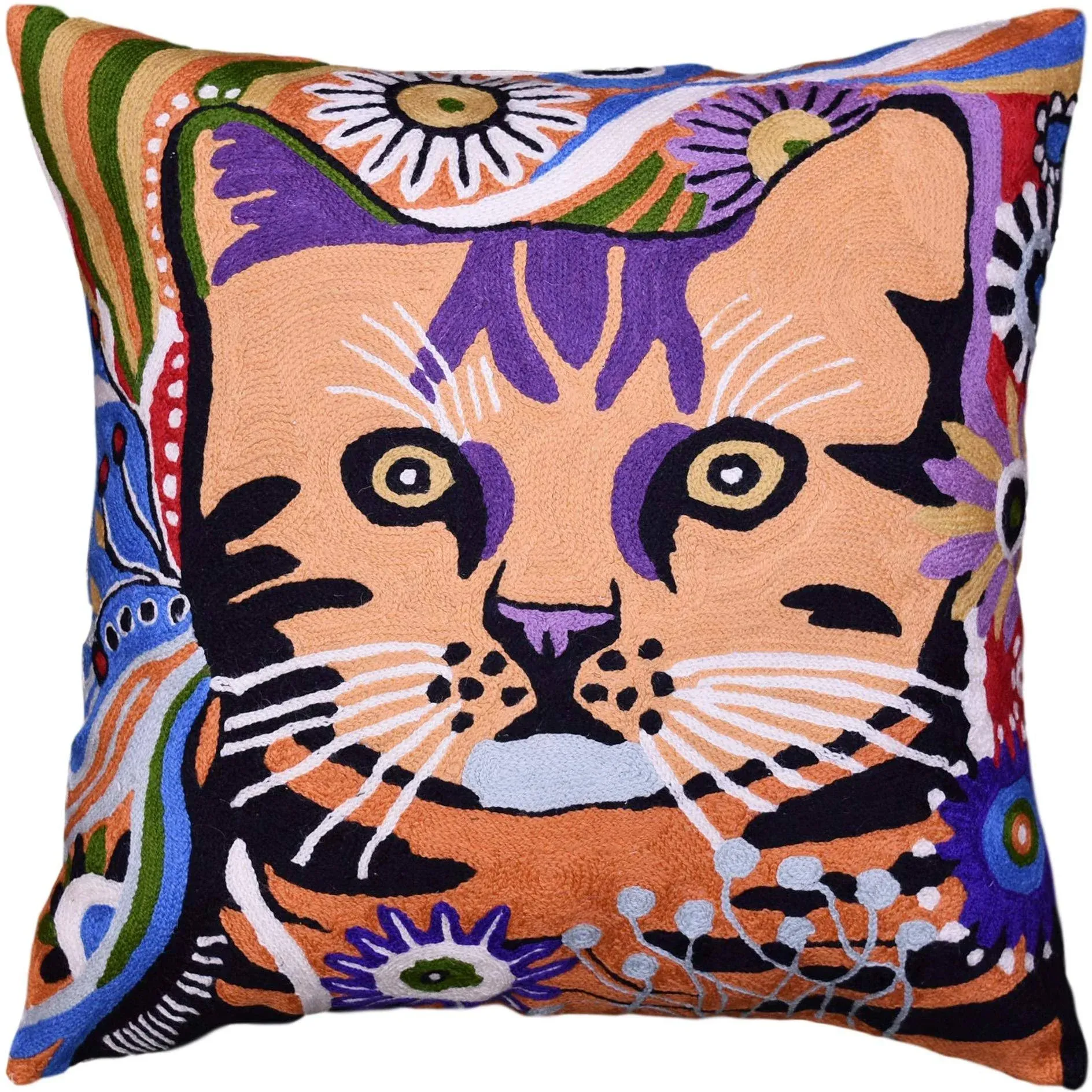 Colorful Cat Decorative Pillow Cover Whimsical Cats Handembroidered Wool 18x18 - Contemporary - Decorative Pillows - by Kashmir Fine Arts & Crafts | Houzz