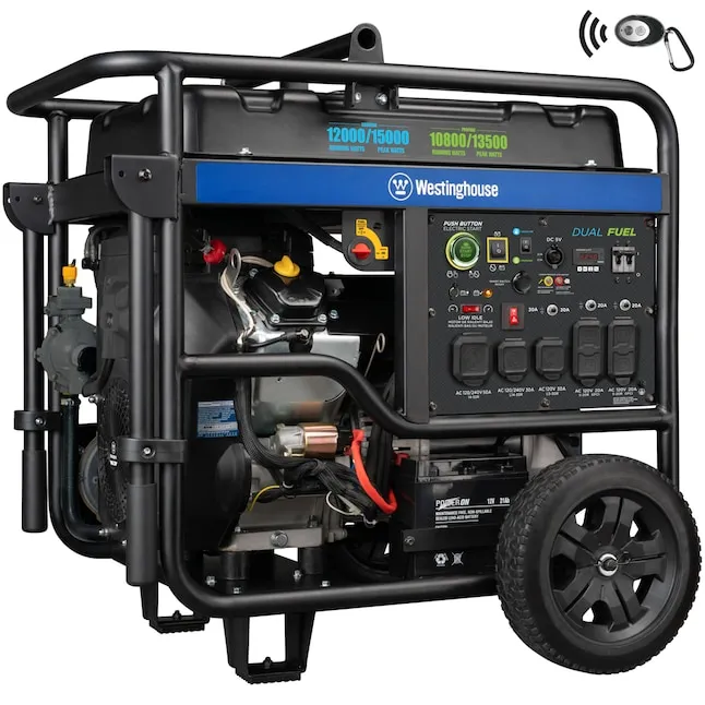 Westinghouse 12,500 Peak Watt Dual Fuel Portable Generator, Gas/Propane, Transfer Switch Ready, CO Sensor