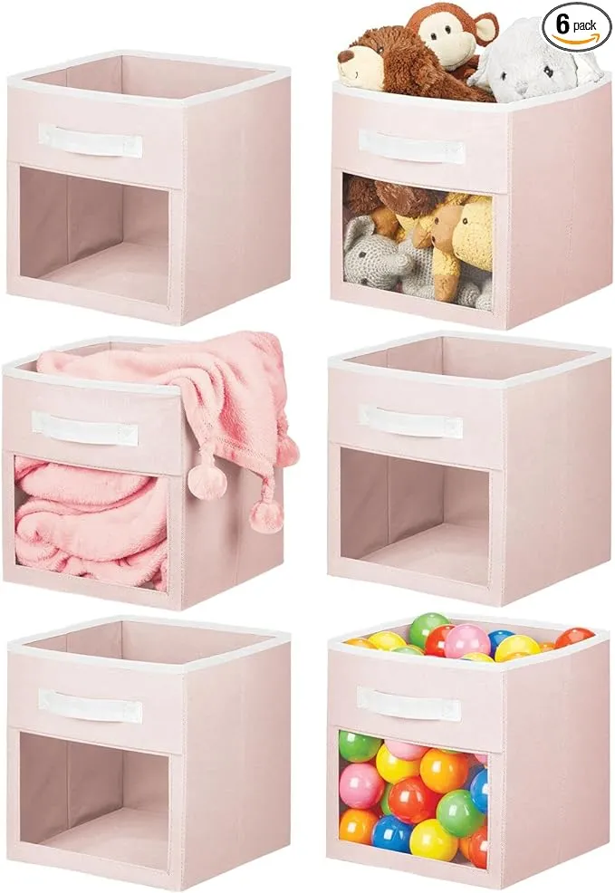 mDesign Fabric Nursery/Playroom Closet Storage Organizer Bin Box with Front Handle/Window for Cube Furniture Shelving Unit, Hold Toys, Clothes, Diapers, Bibs, Jane Collection, 6 Pack, Light Pink/White